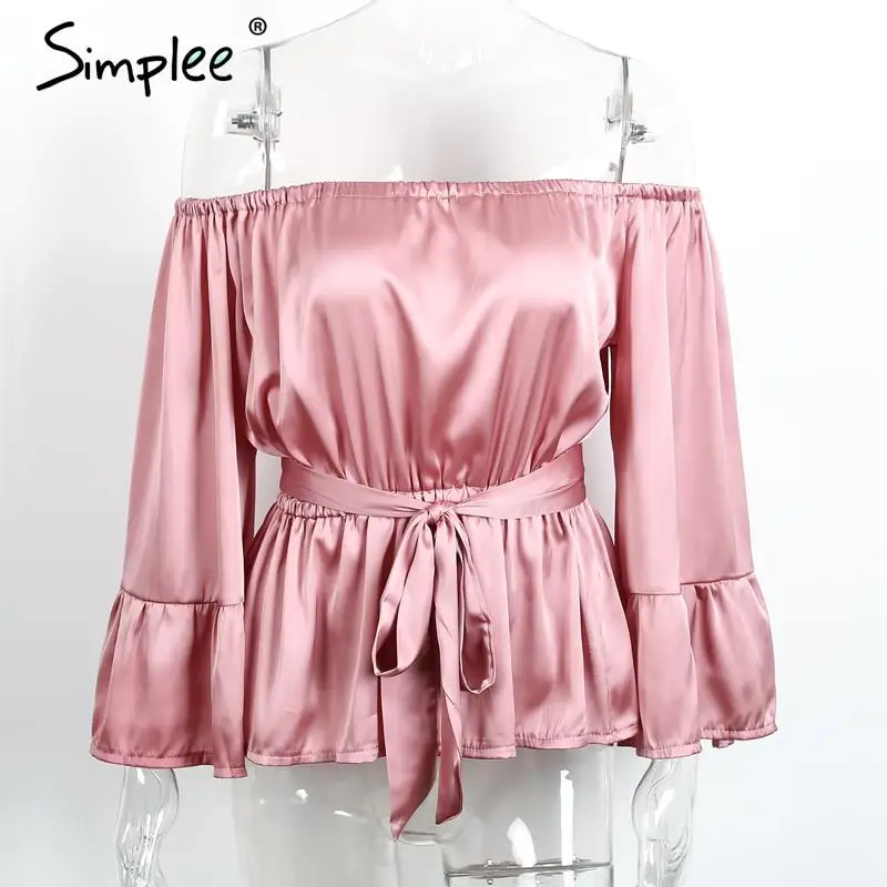 Simplee Apparel sexy с плеча рюшами лук блузка рубашка Мягкие атласные flare рукавом летом