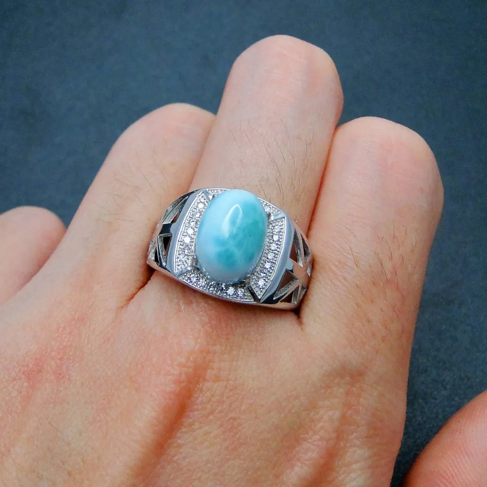 

8X10MM Natural Dominica Larimar Ring Solid 925 Silver Women Man's Rings For Engagement Wedding Anniversary Party Gift