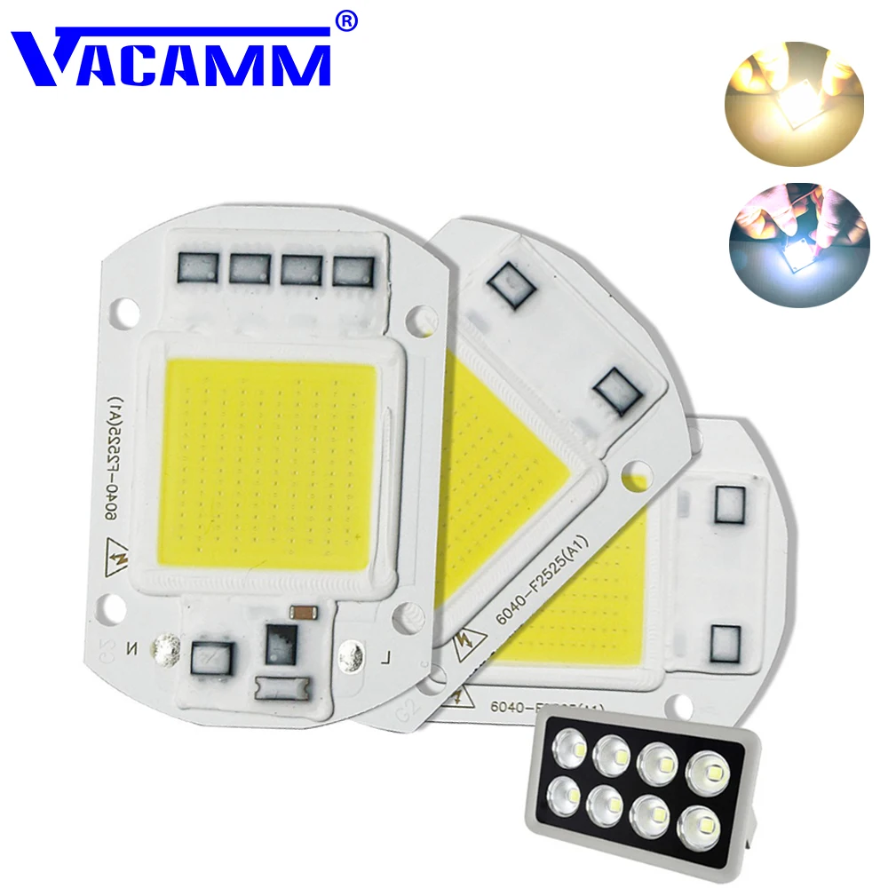 Vacamm COB светодиодный чип 20 Вт 30 50 DC 110 В 220 Smart IC высокой мощности белый/теплый белый