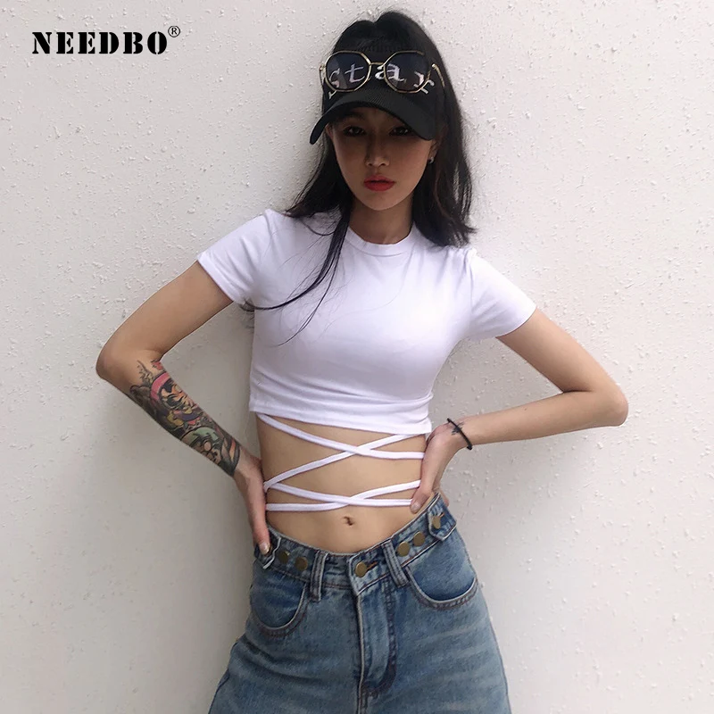 NEEDBO модный сексуальный укороченный топ женская футболка с дырками и кружевами