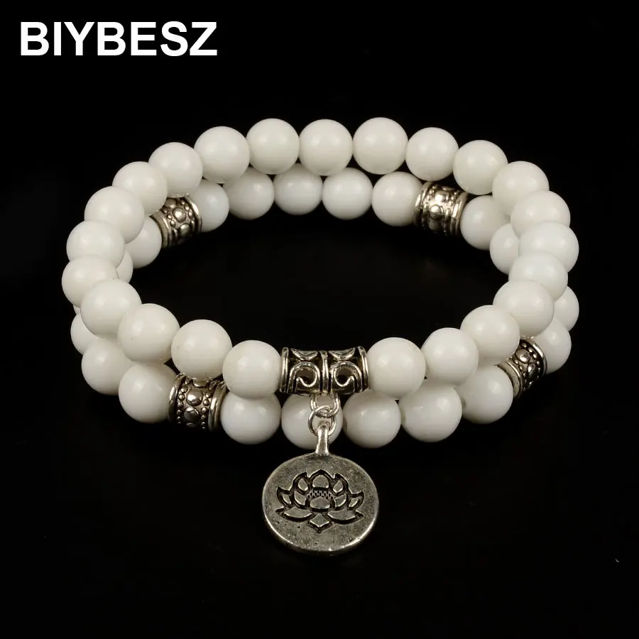 White Natural Stone OM Lotus Buddha Beads Bracelet Yoga Chakra Mala Women Men Beaded Charm Handmade Jewelry | Украшения и