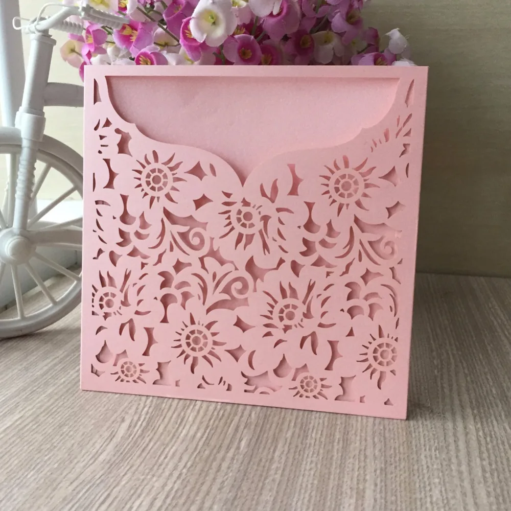 

30pcs/lot Pink Laser Cut Wedding Invitations Card Greet Card Personalized Custom Pocket Style Party Supplies Free Shipping