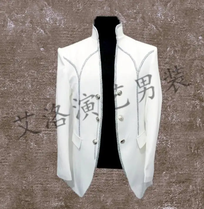 

White stand collar men suits designs stage costumes for singers men married blazer dance clothes jacket style dress punk rock