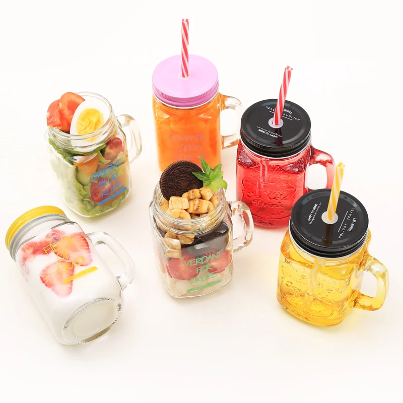 450ml Glass Mason Jar Mug with Lid and Straw Summer Ice Cream Fruit Cold Drinking Water Jars Juice Cup