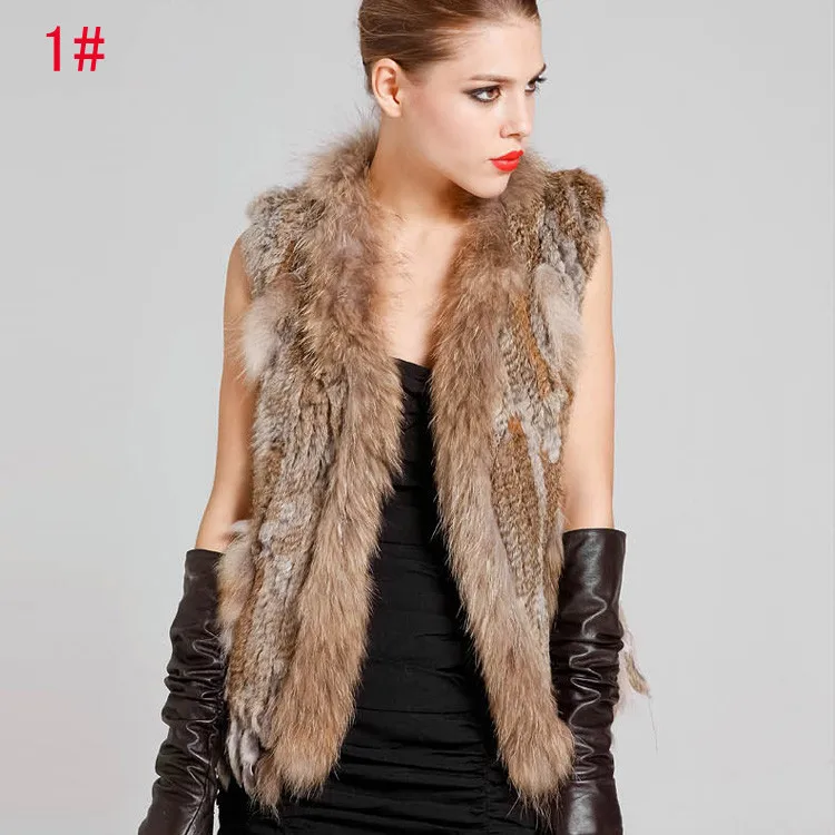 Free shipping new real/natural Knitted rabbit fur vest with genuine raccoon collar mixed order women's | Женская одежда