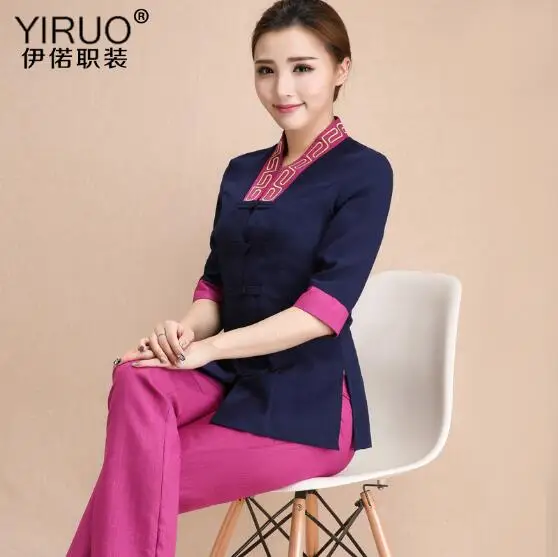 Летняя Красивая Женская Массажная униформа из льна в китайском стиле рабочая