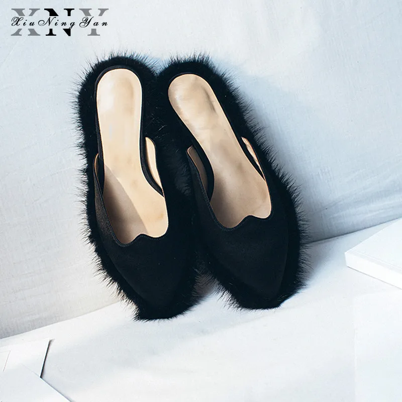 Женские меховые шлепанцы сандалии атласные тапочки плюшевые теплые домашние из