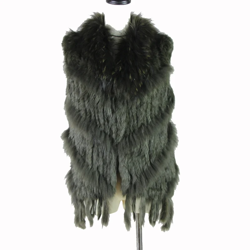 Lady fur vest New 2019 hot sale women knitted rabbit fur with raccoon dog fur collar fur vest natural 4 colors natural