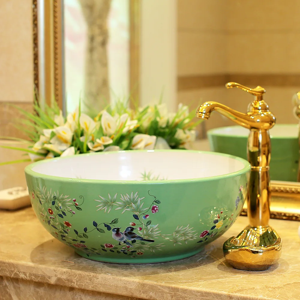 Jingdezhen Европейский стиль умывальник над прилавком синий белый цветы и птицы