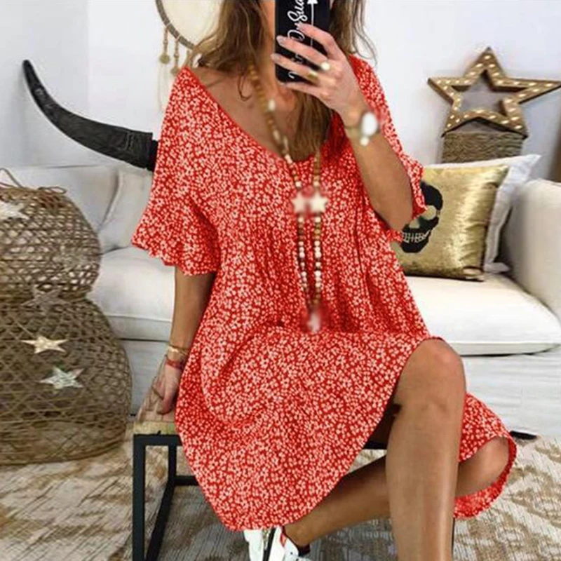 Женское платье с v-образным вырезом и цветочным принтом летнее праздничное