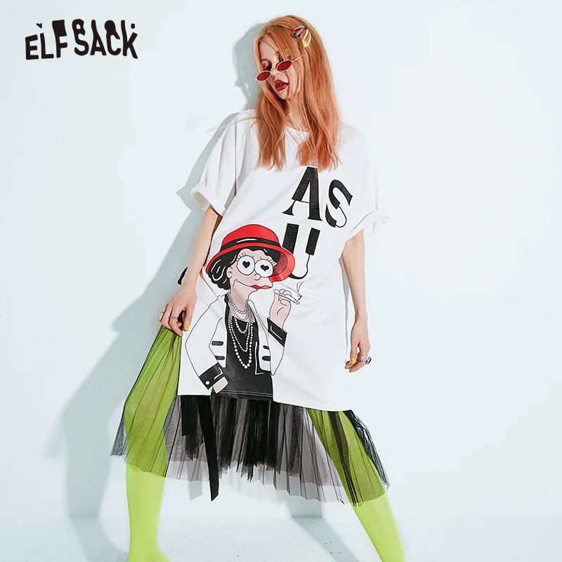 ELFSACK женское Повседневное платье белое с рисунком круглым вырезом для праздников