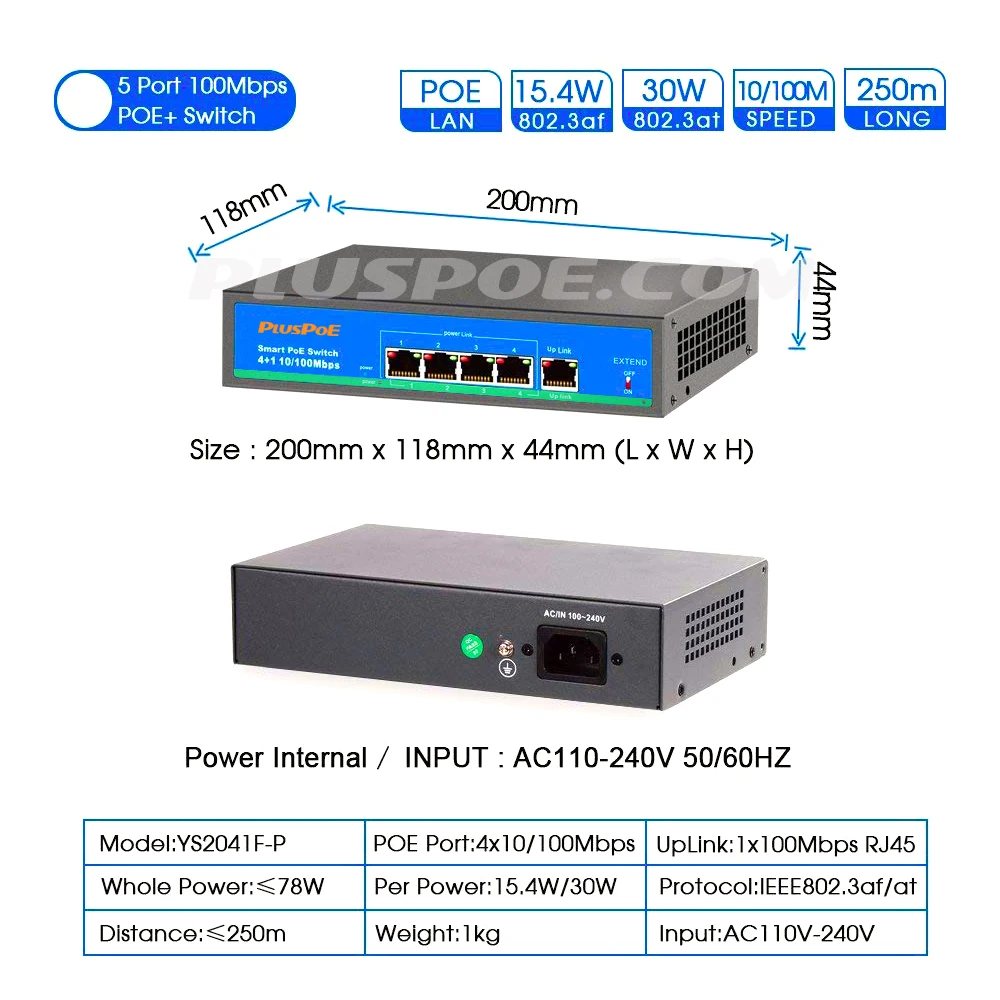 Коммутатор PoE с 5 портами инжектор-адаптер 4 65 Вт активный IEEE802.3af/at Power over Ethernet |