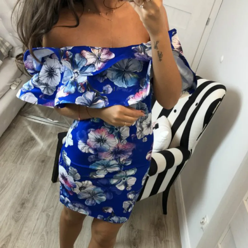 Для женщин летнее платье 2018 оборками Bodycon посылка бедра мини сексуальное Slash шеи