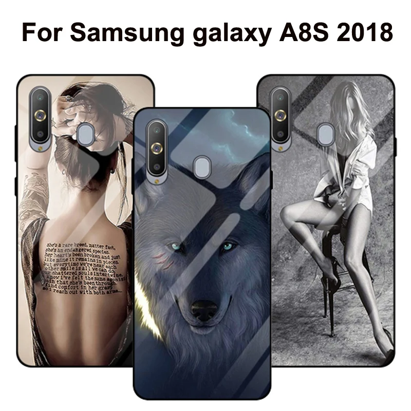 Чехол для Samsung galaxy A8S 2018 в стиле волк девушки закаленное стекло силиконовая рамка