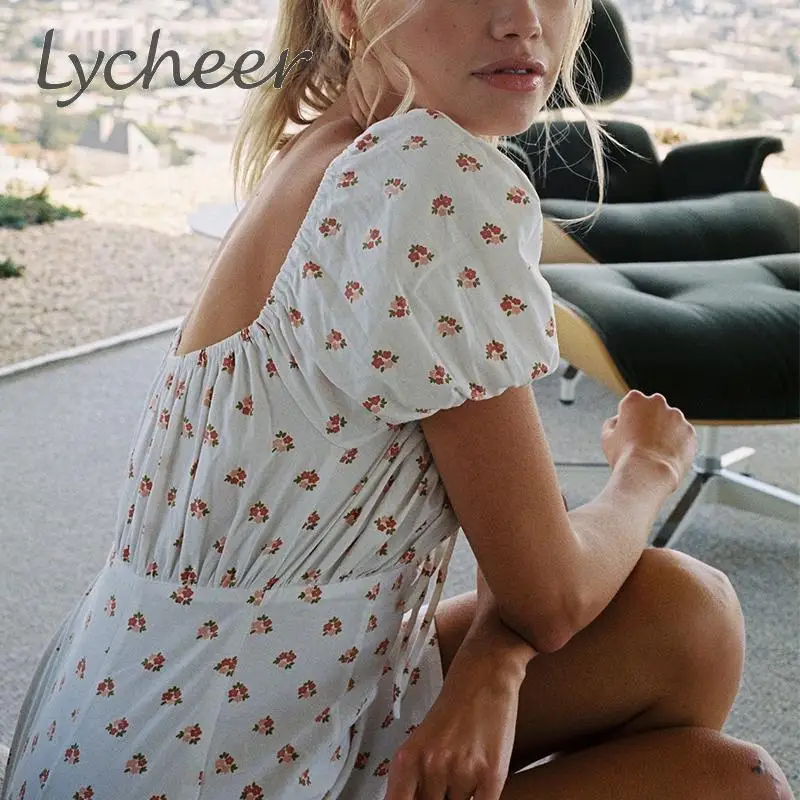 Lycheer/винтажное мини-платье с квадратным воротником женский цветочным принтом