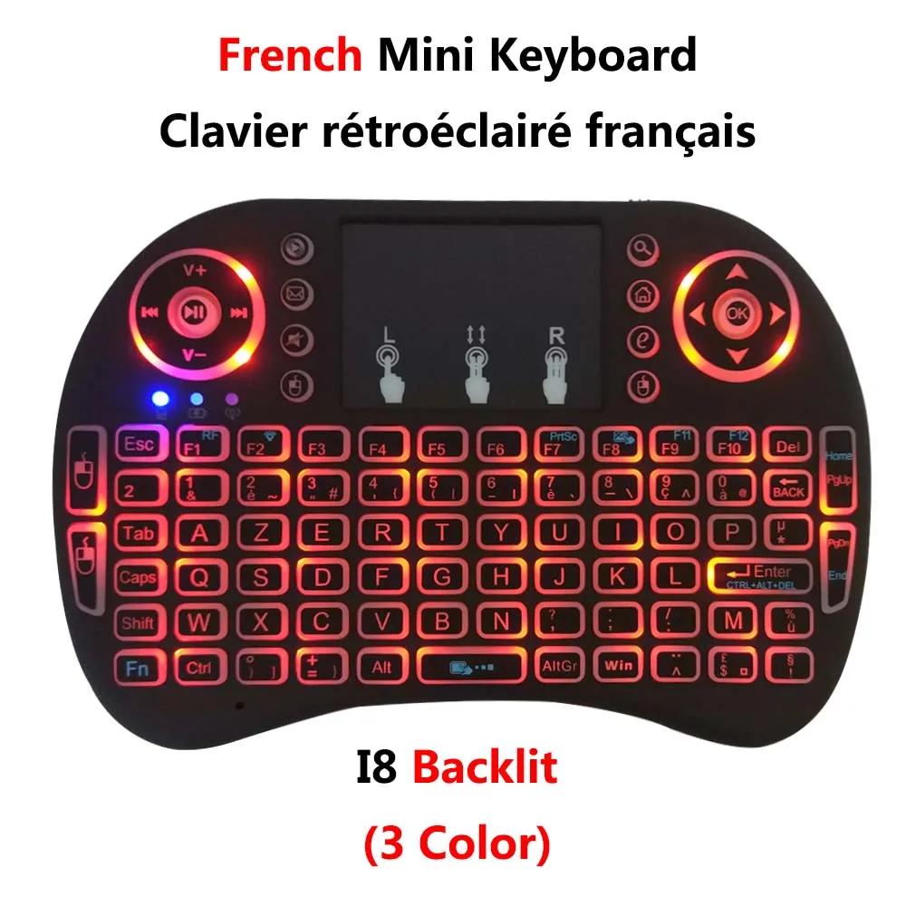 French backlit Русская испанская французская португальский I8 Мини Беспроводная клавиатура с подсветкой 2,4 ГГц Air mouse Пульт дистанционного управления Сенсорная панель для Android tv Box - Цвет: French backlit