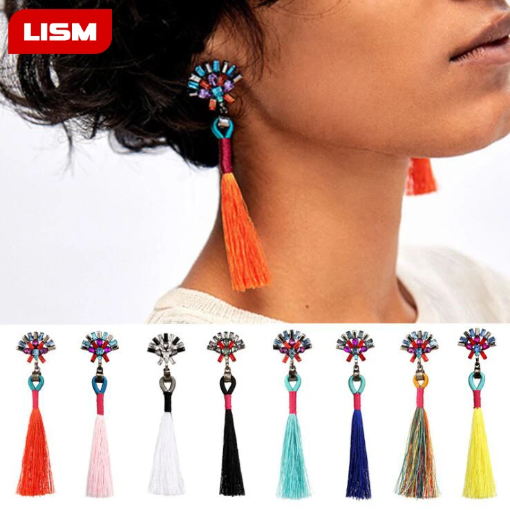 

Handmade 8 Colors Long Tassel Earrings Bohemian Black Red Pink White Blue Silk Crystal Dangle Drop Earrings For Women Jewelry