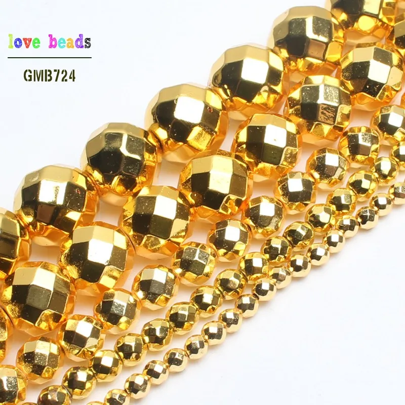 

Natural Stone Beads Faceted Golds Plated Hematite Round Loose Beads for Jewelry Making 15'' 3/4/6/8/10/12mm