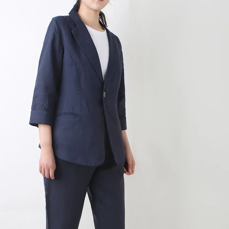 dark blue Новинка, высокое качество, льняные женские блейзеры, модные,, лен, пиджак, летний Повседневный блейзер для офисных леди, DS50719 - Цвет: dark blue