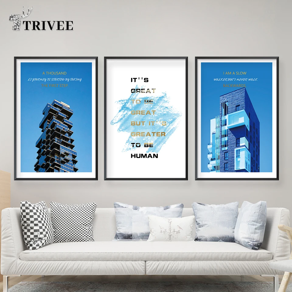 Синий тематический канвас печатающийся зданий плакат минималистический модульные цитаты фотографии настенное украшение живописи северное искусство печатает.