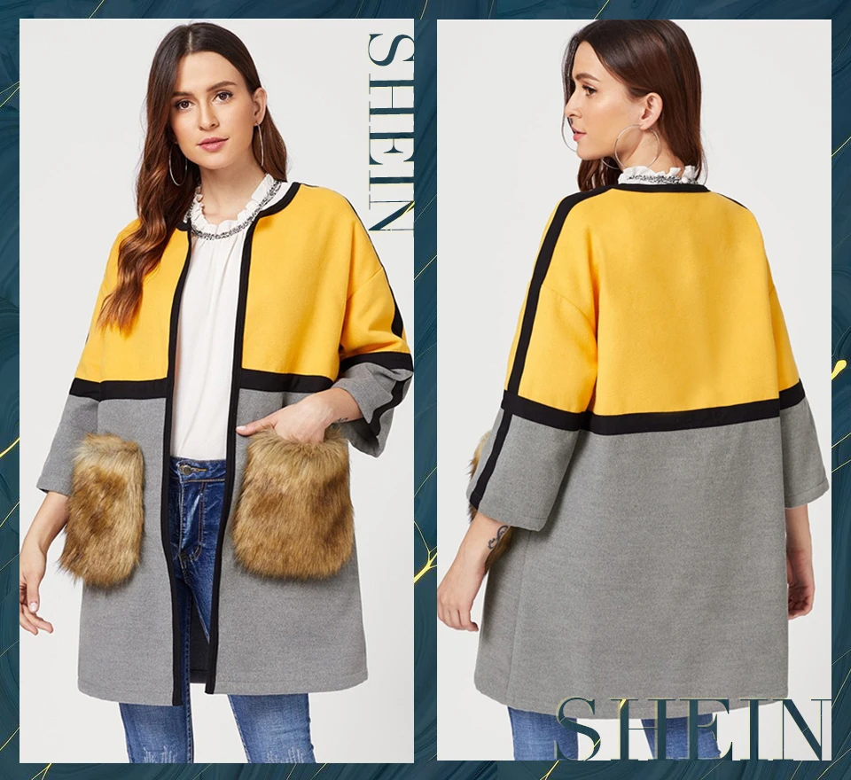 SHEIN Стильный Кардиган С Меховыми Карманами, Легкое Пальто С Контрастным Принтом