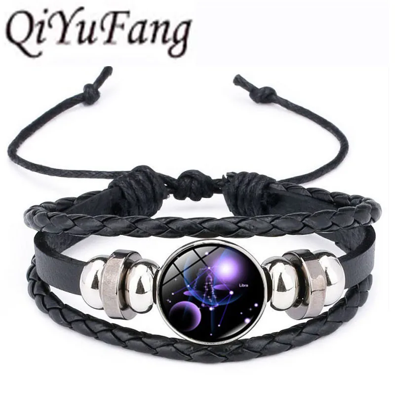 

QiYuFang Zodiac Glass Metal Buckle Charm Bracelet Women Constellation Jewelry Black Weave Multilayer Fashion Leather Bracelet