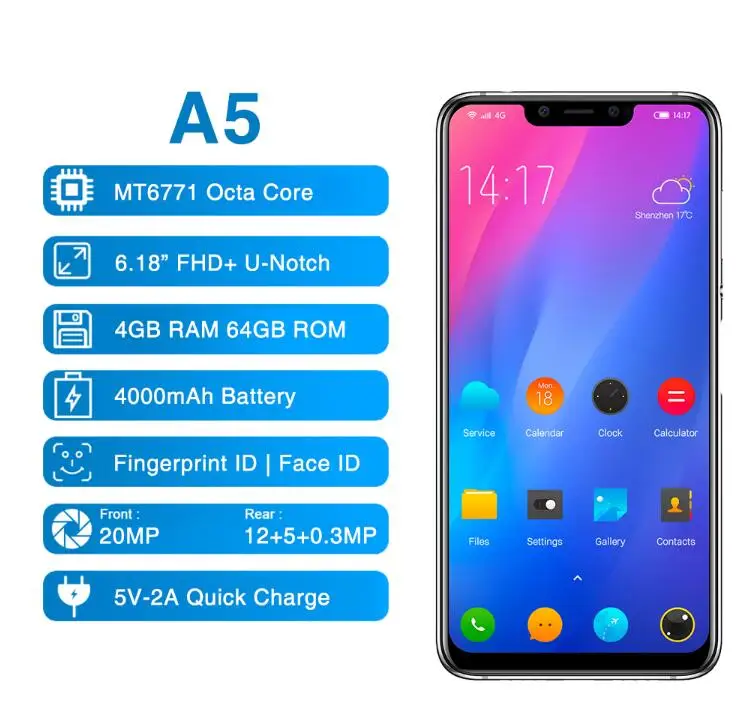 ElePhone A5 Глобальный 6 18 Inch 7: 9 Helio P60 MTK6771 Octa Core Android 8 1 20MP 5 Камера 4 GB 64 Touch ID мобильного