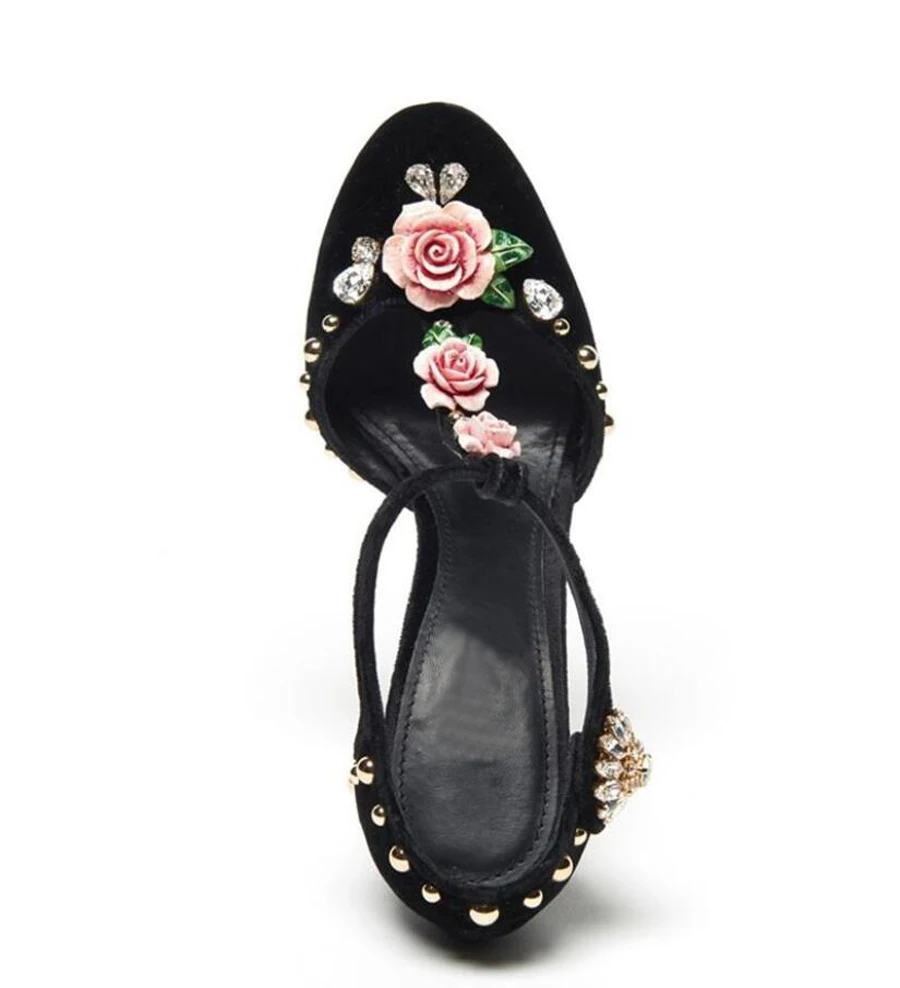 

Stylewowner spring new high heel roune toe pumps women 3D rose flowers with luxury diamond rivet decor T strap party runway shoe
