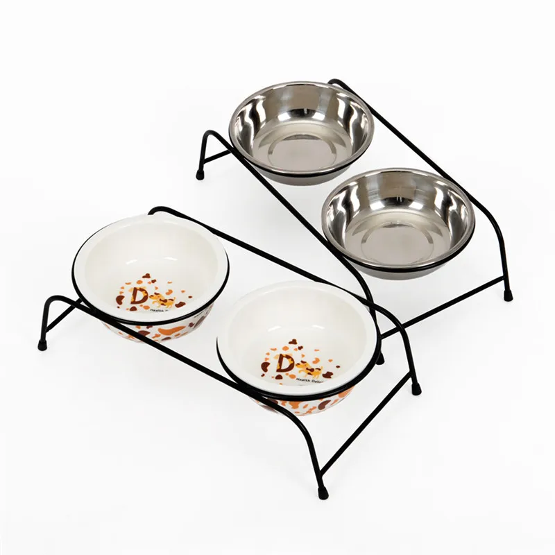 

New Pet Dog Feeders Bowl Iron Frame Stainless Steel Ceramics Double Mouth Dog Bowl High Grade Antiskid Pet Supplies