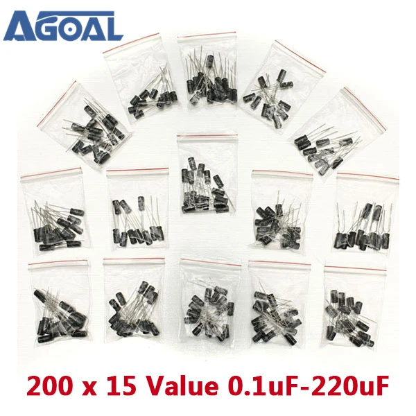 

200pcs 15 Value Electrolytic 20% Capacitor Assortment Kit 0.1uF - 220uF
