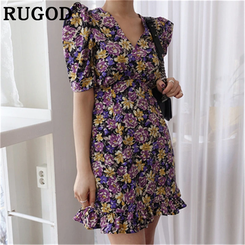 Женское платье RUGOD мини с цветочным принтом кружевное коротким рукавом и