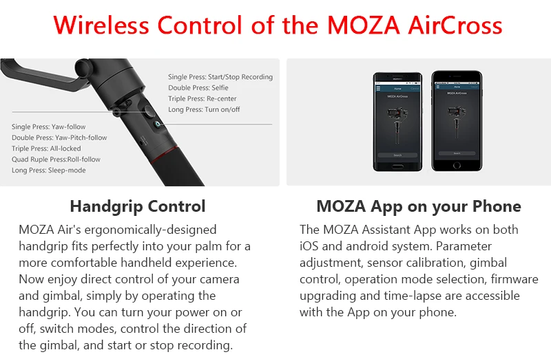 MOZA Aircross 3 оси ручной Gimbal стабилизатор до 1,8 кг DSLR беззеркальных Камера S ony A6000 RX100 A7 серии Пана GH5 GH4