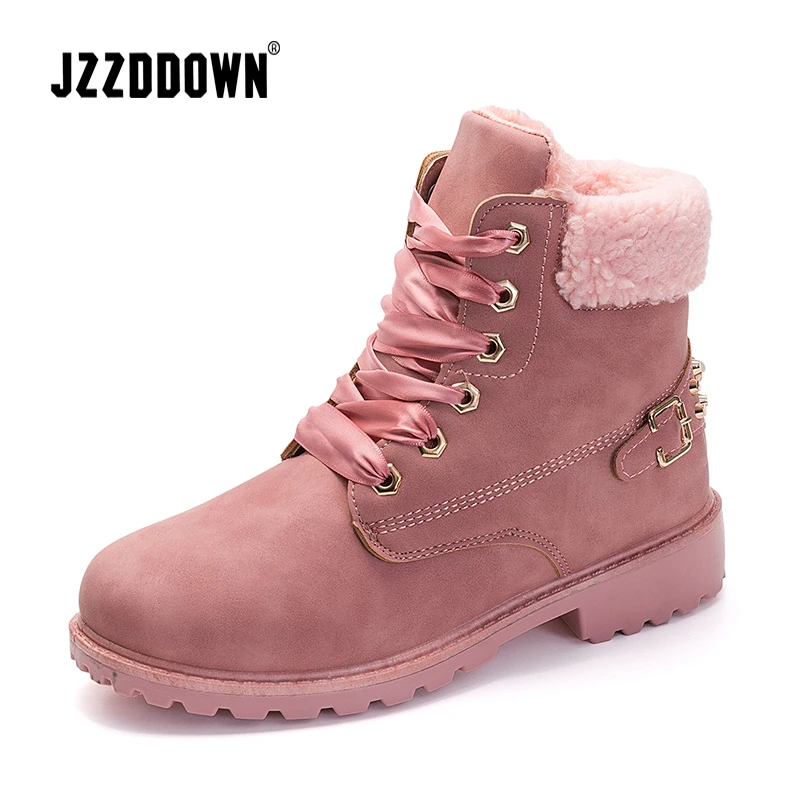 

Jzzddown snow boots women Plush women's winter boots plus size 2018 Lace up women martin ankle ladies boots with fur booties