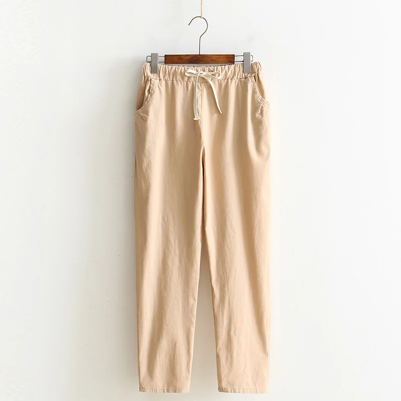 Khaki Женские осенние/летние штаны-шаровары из хлопка и льна, однотонные штаны-шаровары ярких цветов с эластичной резинкой на талии, мягкие высококачественные женские штаны - Цвет: Khaki