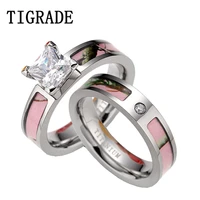 tigrade luxury cubic zirconia pink camo ring set women titanium wedding band engaement rings couple set rings big stone feamle