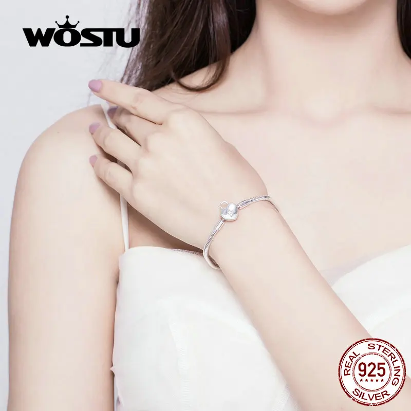 WOSTU браслеты Heartslock, Настоящее 925 пробы, серебряные браслеты в форме сердца, браслет для женщин, Свадебные Роскошные ювелирные изделия FIB141