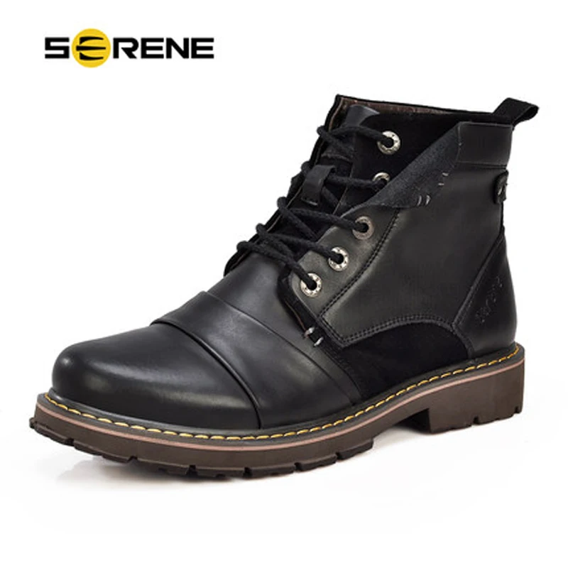 SERENE/Брендовые мужские зимние ботинки; Размеры 35-45; теплые мужские зимние ботинки из натуральной кожи в русском стиле; мужские рабочие ботинки из яловичного спилка - Цвет: Black