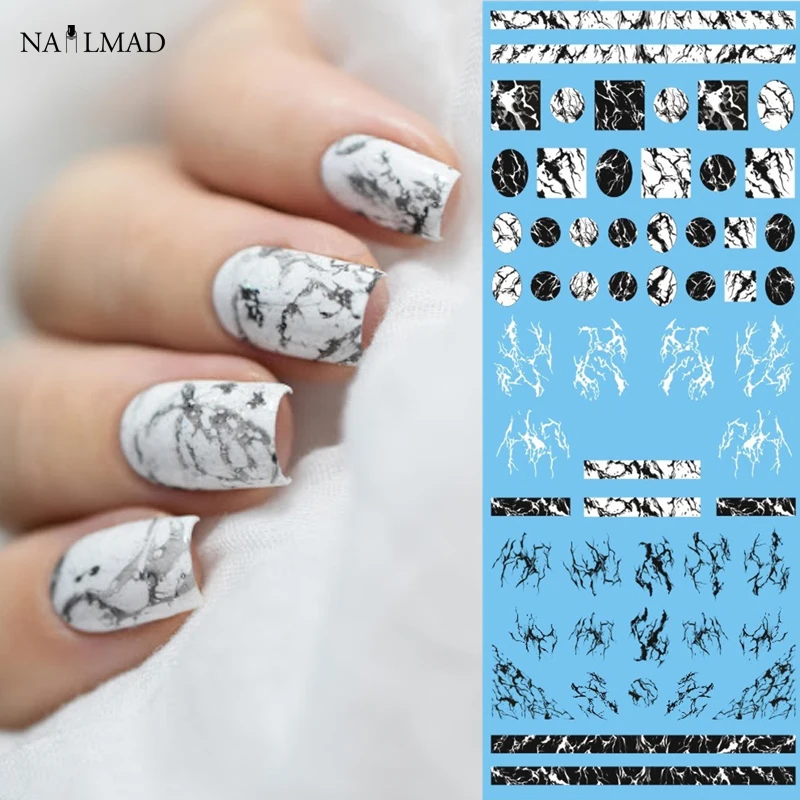 1 sheet NailMAD Stone Marble Nail Water Decals Transfer Stickers White Marble Nail Art Tattoo Sticker Black Marble Water Slide
