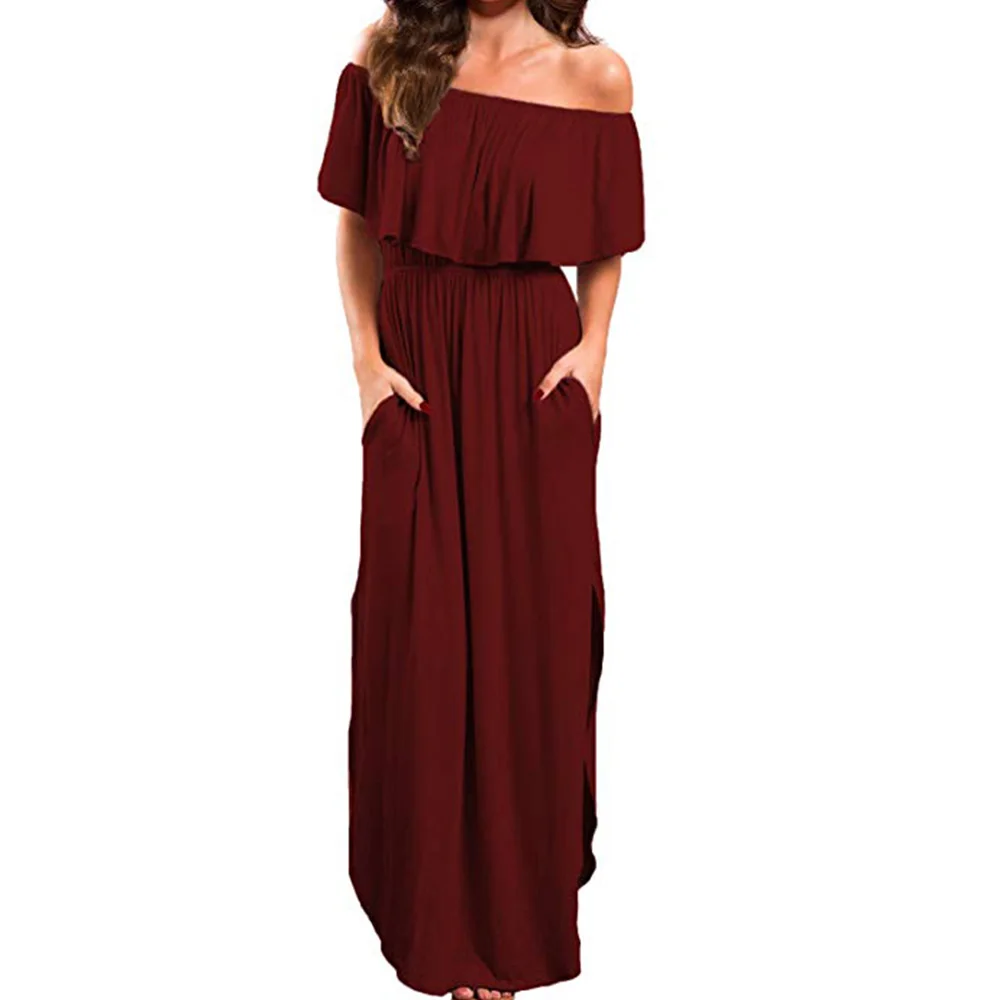 Женское длинное платье с оборками элегантное вечернее туника открытыми плечами