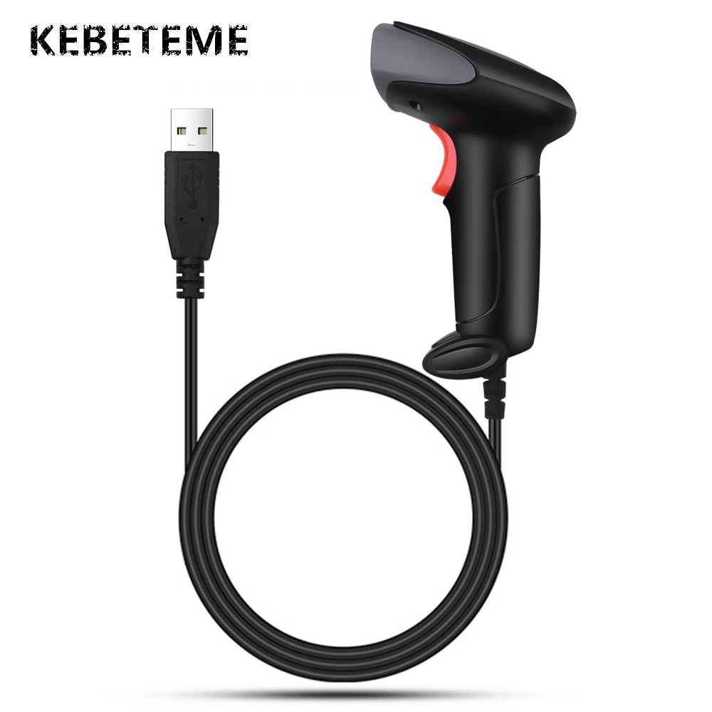 Портативный лазерный ручной сканер штрих кода KEBETEME USB проводной 1D для POS системы в