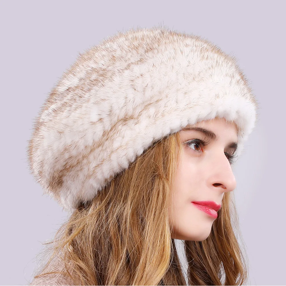 Шапка бини женская из натурального меха норки стильная вязаная эластичная шапка
