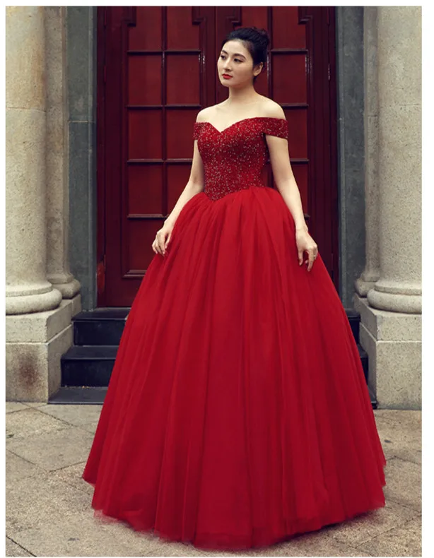 

Long Prom Dresses 2018 Gorgeous Ball Gown Off The Shoulder Sweetheart Shiny Fabric Tulle Floor Length African Red Prom Dress