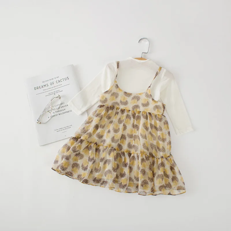 2018 Autumn New Arrival plaid and flowers printed Chiffon suspender Long Dress with Clip Inside for cute sweet princess girls | Детская