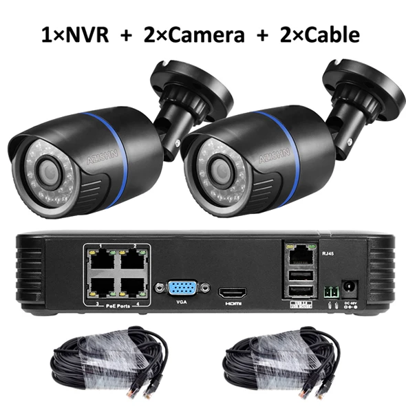 AZISHN 48 в PoE 4CH CCTV NVR 2MP 1080P FULL HD IP POE камера ночного видения Открытый H.264 ONVIF P2P камера видеонаблюдения Комплект системы - Цвет: 1NVR 2Camera 2cable