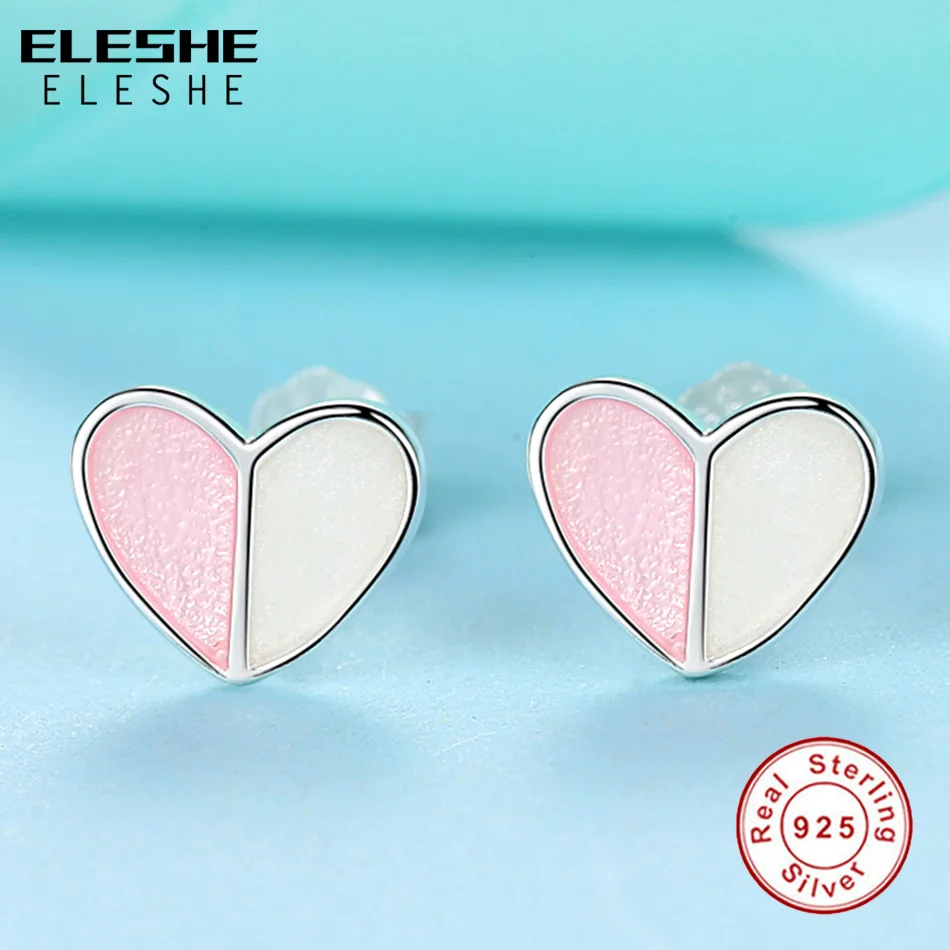 ELESHE, 925 пробы, серебряные серьги-гвоздики для женщин, девочек, детей, розовая эмалированная любовь, сердце, маленькие серьги, Букле д 'ореиль, Femme, подарки