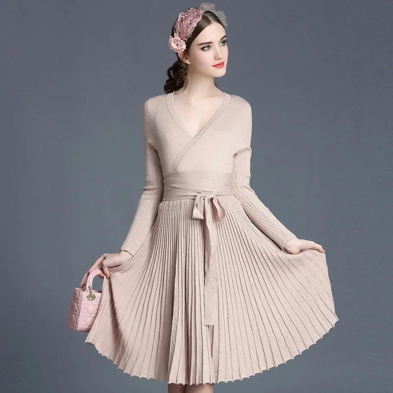 

2017 New Autumn Winter Women's Fashion Long Sleeve Knitted Sweater Dress Female Thin Pleated Deep V Neck Vintage Dress Dresses 5