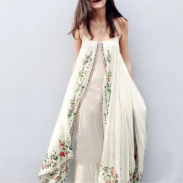 Boho цветочной вышивкой длинное платье регулируемые бретельки летние платья