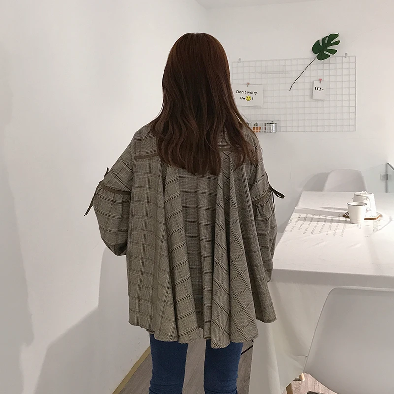 Wind restoring ancient ways chic harajuku grid easing in bf long posed schoolgirl shirt sleeves shirts port |