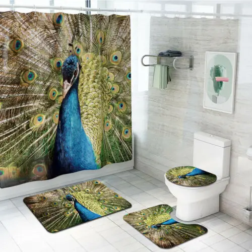 2019 4 PCS Printing Bathroom Non-Slip Toilet Lid Seat Cover Bath Mat Pedestal Rug Shower Curtain Set | Дом и сад