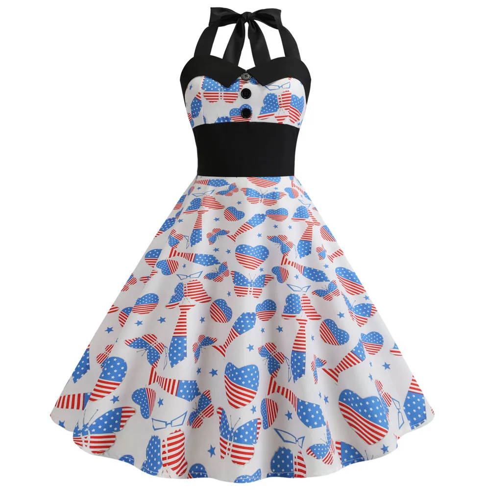 Женское винтажное вечернее платье с принтом флага свободное без рукавов лямкой